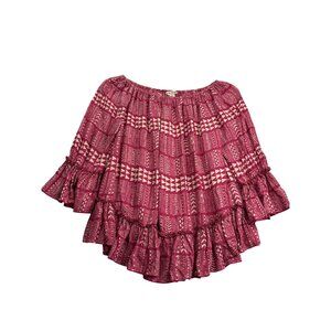 Lucky Brand Womens Off Shoulder Ruffle Peasant Top XS Red Cream Geometric